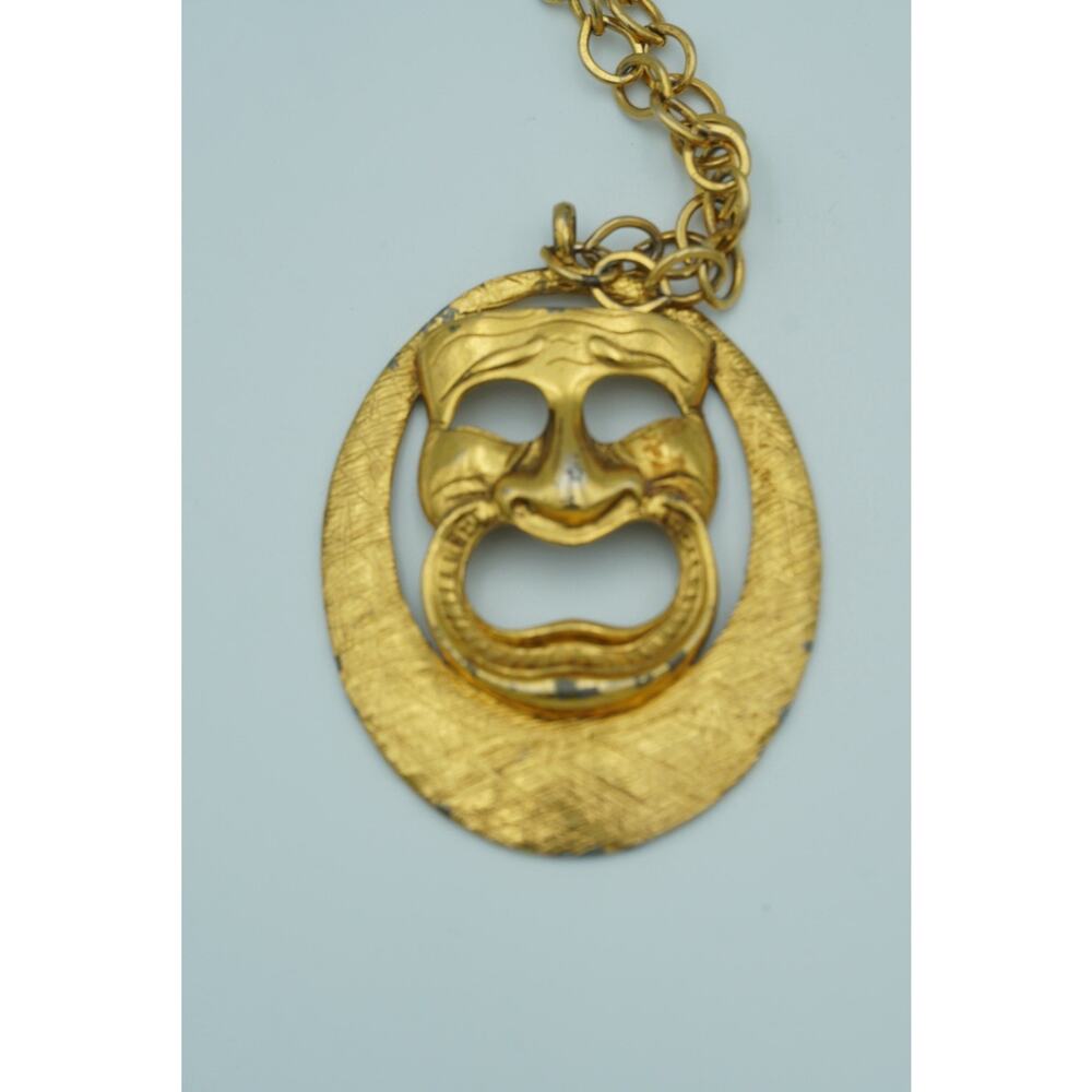 Vintage Gold Tone Comedy Tragedy Mask Pendant Necklace Large Statement